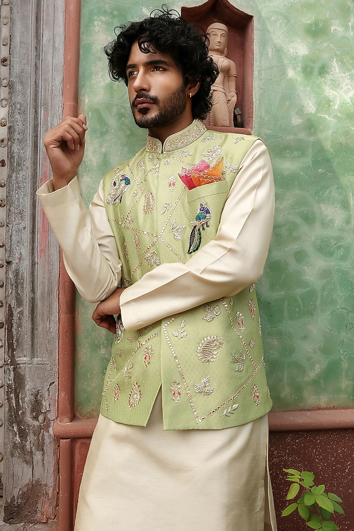 Apple Green Tissue Jacquard Peacock Motif Bundi Set by Kushal's Men at Pernia's Pop Up Shop