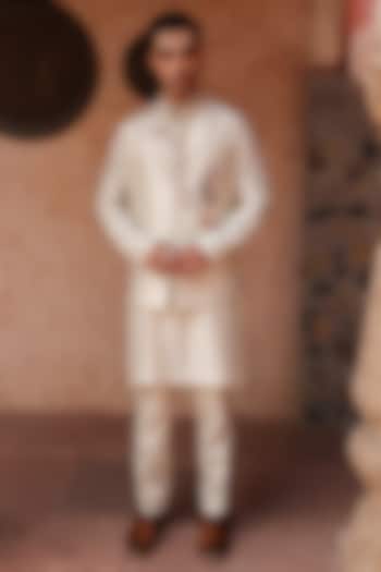 Ivory Shimmer Silk Peacock Motif Bundi Set by Kushal's Men at Pernia's Pop Up Shop