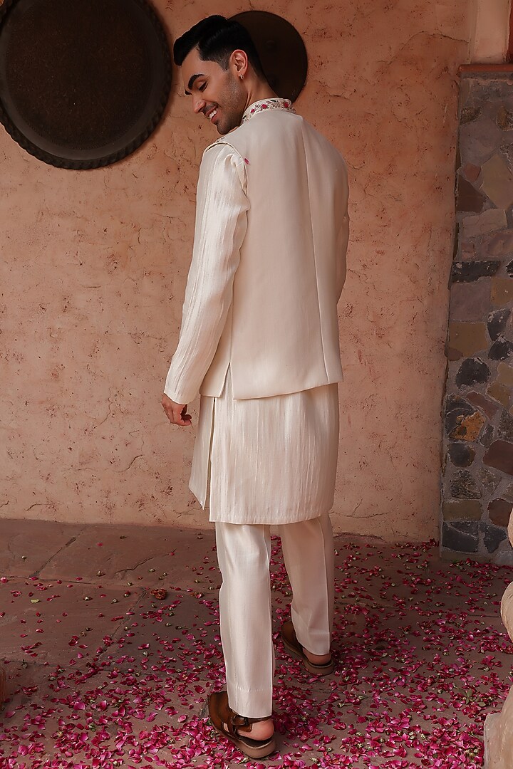 Ivory Shimmer Silk Peacock Motif Bundi Set by Kushal's Men at Pernia's Pop Up Shop