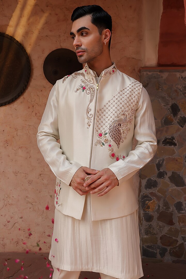 Ivory Shimmer Silk Peacock Motif Bundi Set by Kushal's Men at Pernia's Pop Up Shop