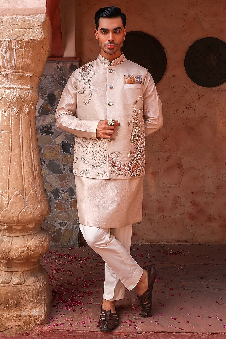 Rose Gold Crushed Tissue Sequins Embroidered Bundi Set by Kushal's Men at Pernia's Pop Up Shop