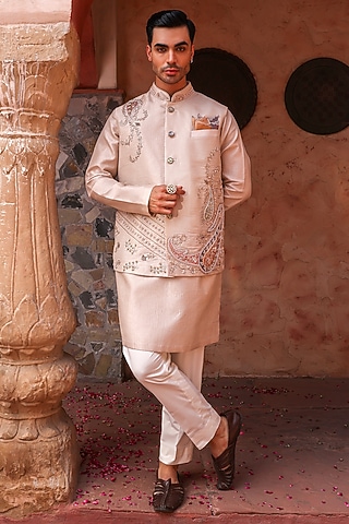 Rose Gold Crushed Tissue Sequins Embroidered Bundi Set by Kushal's Men