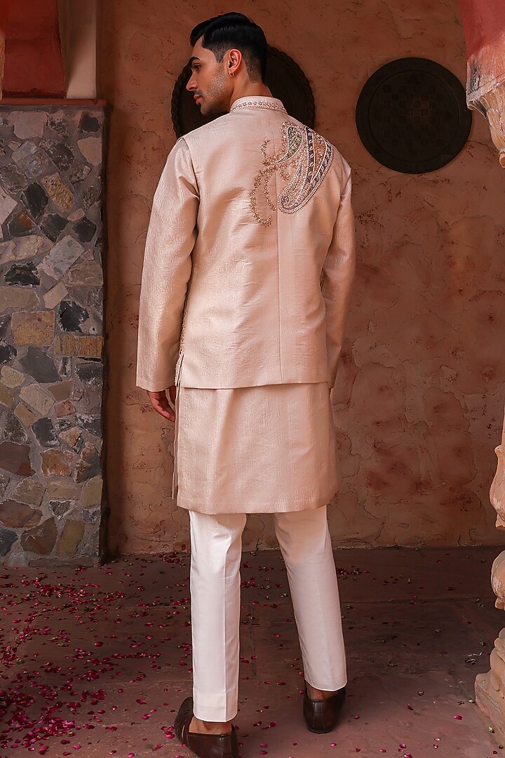 Rose Gold Crushed Tissue Sequins Embroidered Bundi Set by Kushal's Men at Pernia's Pop Up Shop