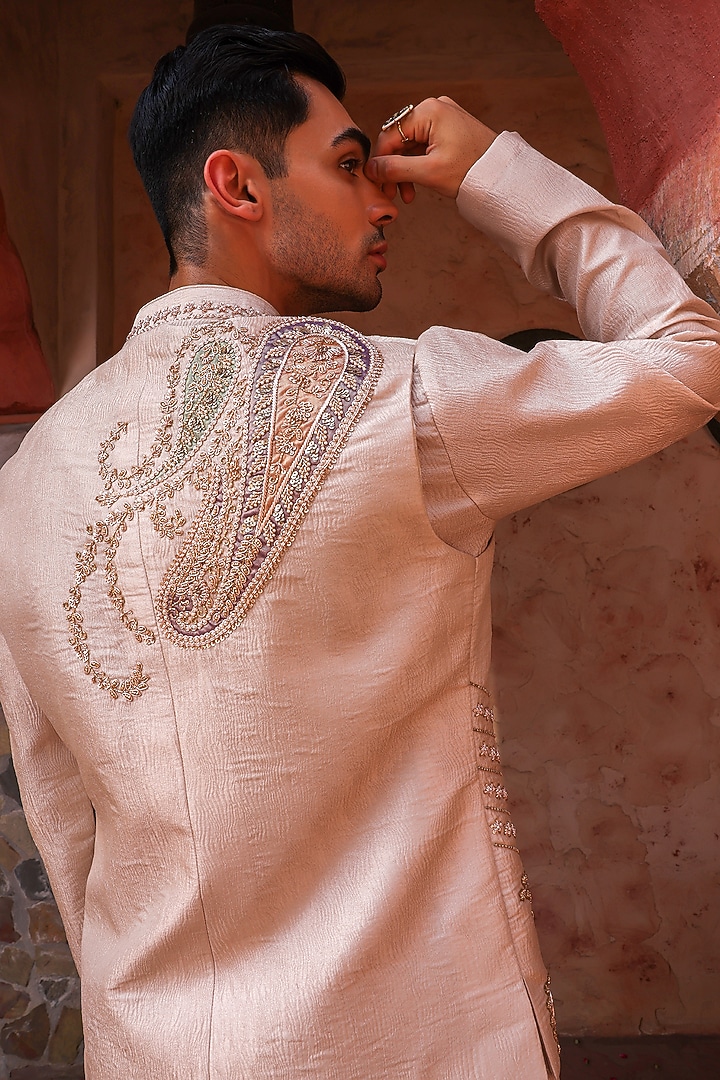 Rose Gold Crushed Tissue Sequins Embroidered Bundi Set by Kushal's Men at Pernia's Pop Up Shop