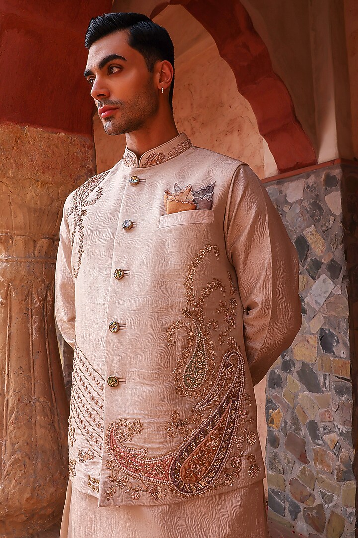 Rose Gold Crushed Tissue Sequins Embroidered Bundi Set by Kushal's Men at Pernia's Pop Up Shop
