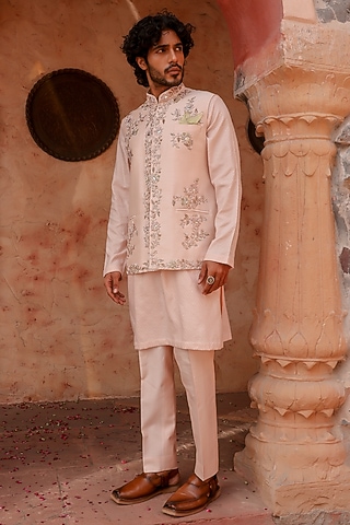 Tea Pink Viscose Silk Thread Embroidered Bundi Set by Kushal's Men