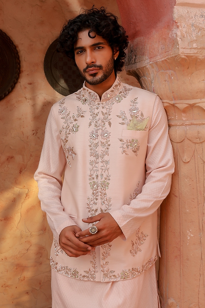 Tea Pink Viscose Silk Thread Embroidered Bundi Set by Kushal's Men at Pernia's Pop Up Shop
