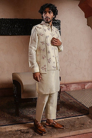 Almond Ivory Zari Satin Thread Embroidered Bundi Set by Kushal's Men