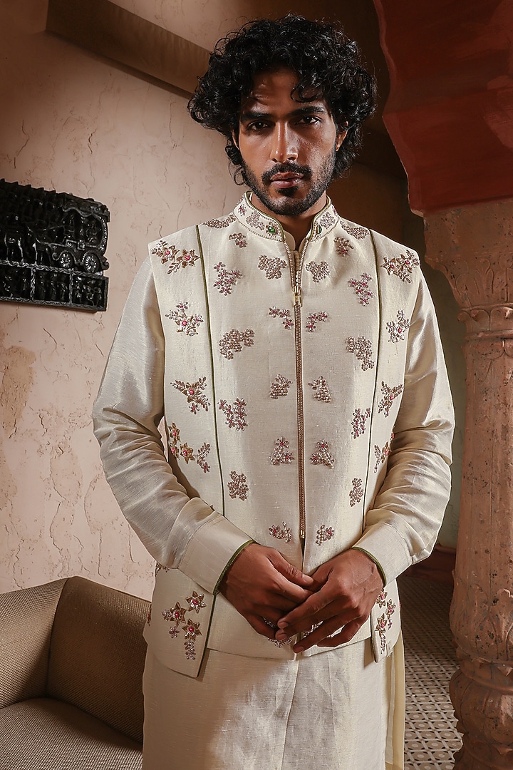 Almond Ivory Zari Satin Thread Embroidered Bundi Set by Kushal's Men at Pernia's Pop Up Shop