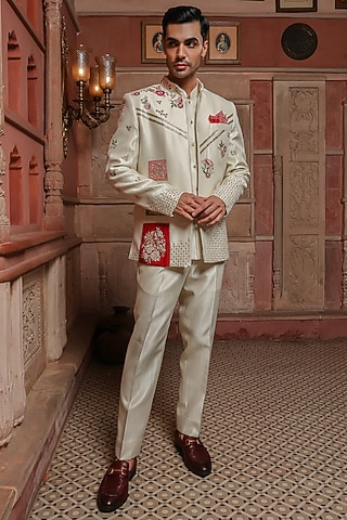 Pastel Ivory Shimmer Silk Bugle Beads Embellished Bundi Set by Kushal's Men