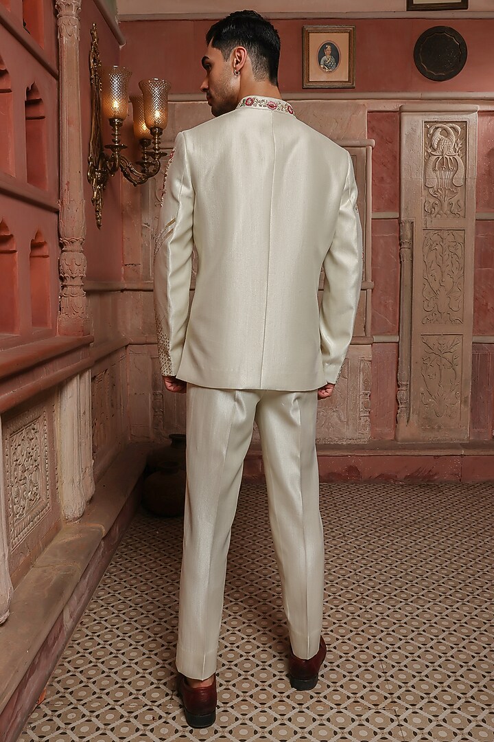 Pastel Ivory Shimmer Silk Bugle Beads Embellished Bundi Set by Kushal's Men at Pernia's Pop Up Shop