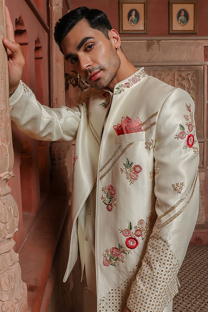 Pastel Ivory Shimmer Silk Bugle Beads Embellished Bundi Set by Kushal's Men at Pernia's Pop Up Shop