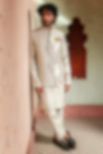 Platinum Grey Shimmer Silk Zari Embellished Bundi Set by Kushal's Men at Pernia's Pop Up Shop