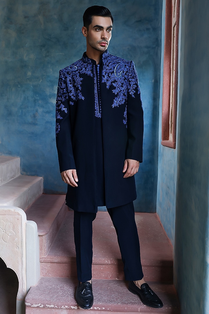 Midnight Blue Imported Crepe Dori Embellished Indo-Western Set by Kushal's Men at Pernia's Pop Up Shop