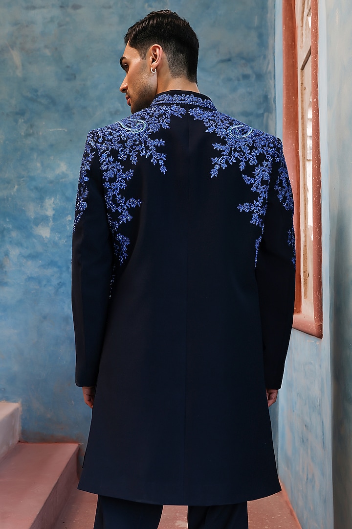Midnight Blue Imported Crepe Dori Embellished Indo-Western Set by Kushal's Men at Pernia's Pop Up Shop
