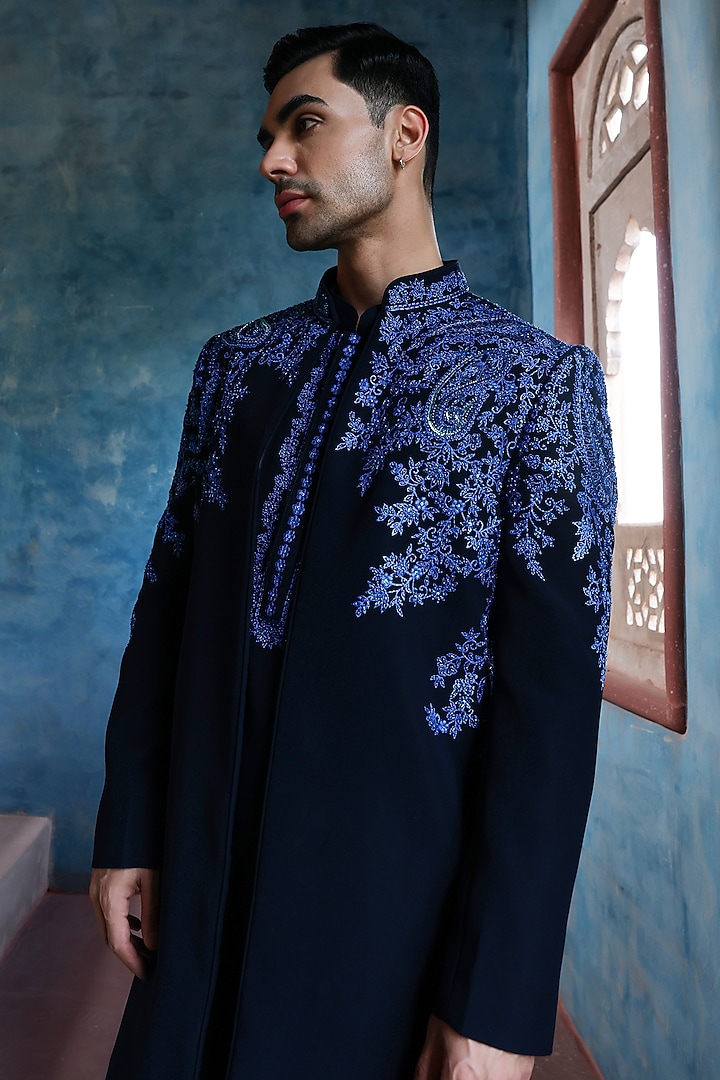 Midnight Blue Imported Crepe Dori Embellished Indo-Western Set by Kushal's Men at Pernia's Pop Up Shop