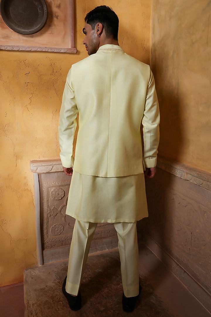 Mellow Yellow Viscose Silk Applique Embellished Bundi Set by Kushal's Men at Pernia's Pop Up Shop