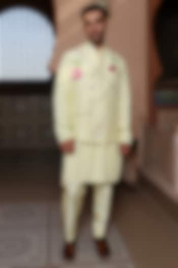 Vanilla Yellow Viscose Silk Thread Embroidered Bundi Set by Kushal's Men at Pernia's Pop Up Shop
