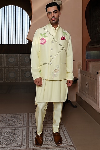 Vanilla Yellow Viscose Silk Thread Embroidered Bundi Set by Kushal's Men