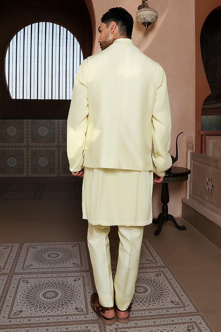 Vanilla Yellow Viscose Silk Thread Embroidered Bundi Set by Kushal's Men at Pernia's Pop Up Shop