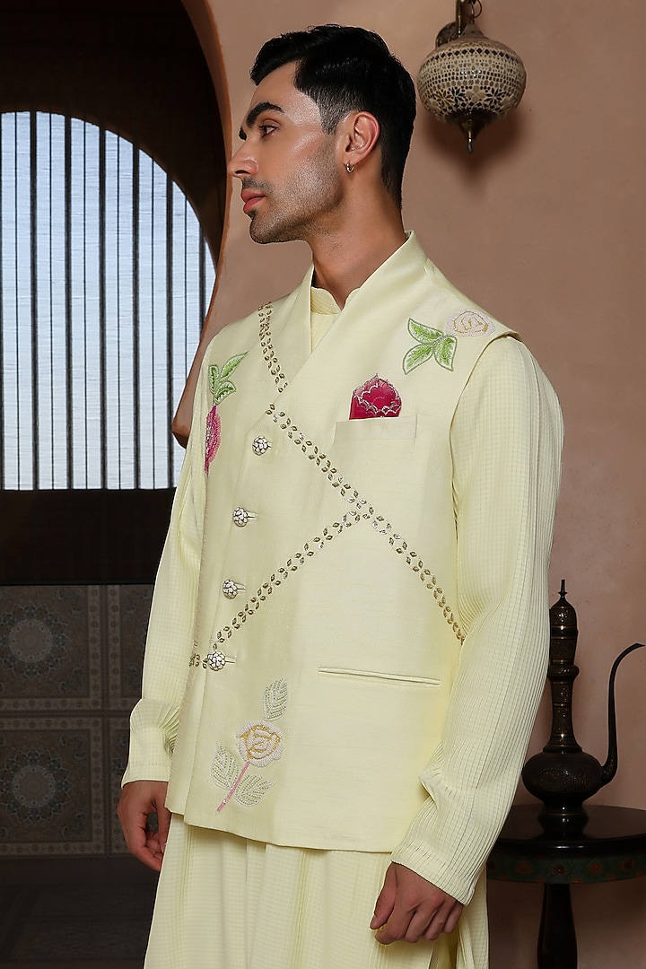 Vanilla Yellow Viscose Silk Thread Embroidered Bundi Set by Kushal's Men at Pernia's Pop Up Shop