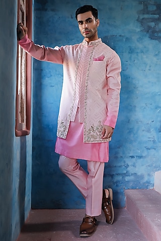 French Pink Georgette Rubber Printed Indo-Western Set by Kushal's Men