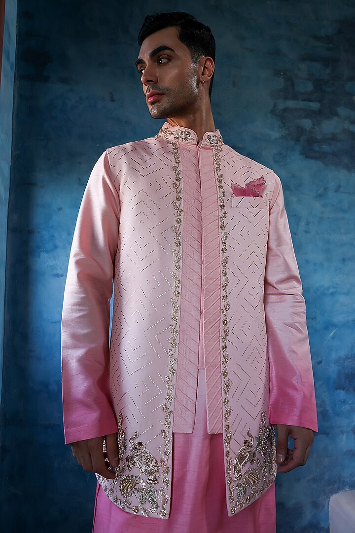 French Pink Georgette Rubber Printed Indo-Western Set by Kushal's Men at Pernia's Pop Up Shop