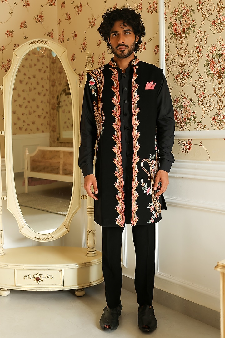 Black Imported Crepe Thread Embellished Indo-Western Set by Kushal's Men at Pernia's Pop Up Shop