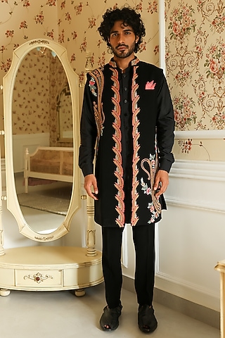 Black Imported Crepe Thread Embellished Indo-Western Set by Kushal's Men