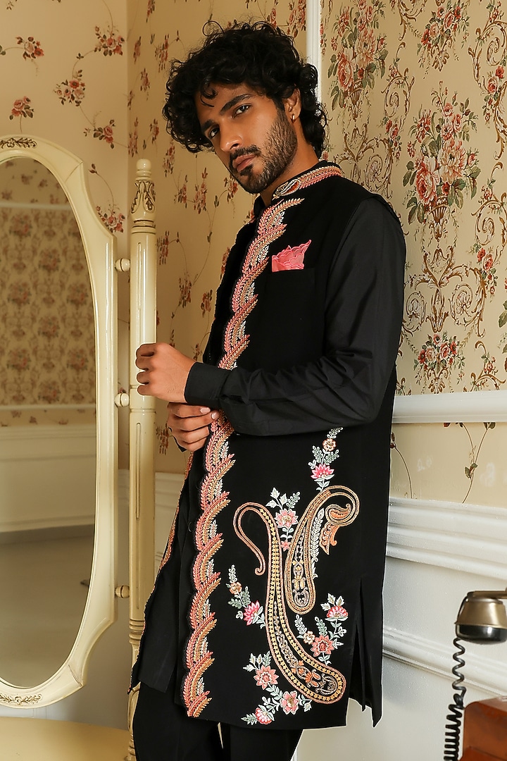 Black Imported Crepe Thread Embellished Indo-Western Set by Kushal's Men at Pernia's Pop Up Shop