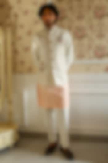 Peach Ombre Chanderi Thread Embellished Wedding Bandhgala Set by Kushal's Men at Pernia's Pop Up Shop