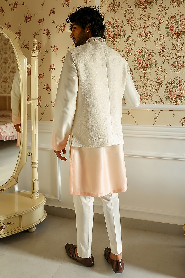 Peach Ombre Chanderi Thread Embellished Wedding Bandhgala Set by Kushal's Men at Pernia's Pop Up Shop