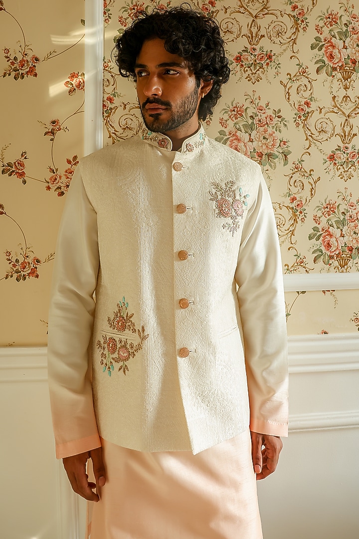 Peach Ombre Chanderi Thread Embellished Wedding Bandhgala Set by Kushal's Men at Pernia's Pop Up Shop