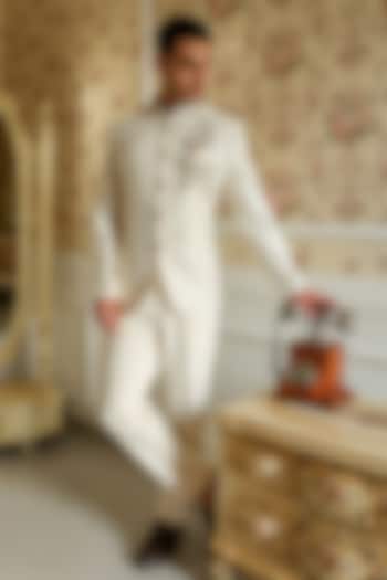 Powder White Chanderi Thread Embellished Wedding Bandhgala Set by Kushal's Men at Pernia's Pop Up Shop