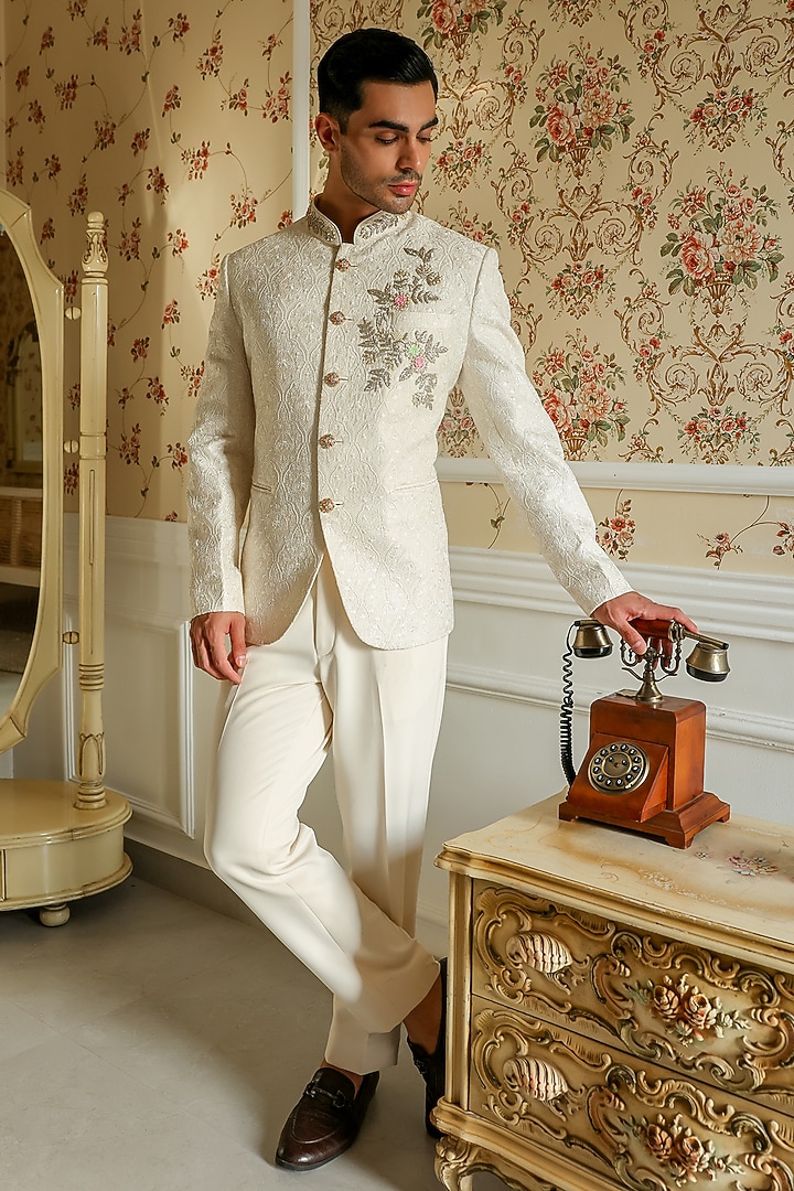 Powder White Chanderi Thread Embellished Wedding Bandhgala Set by Kushal's Men at Pernia's Pop Up Shop