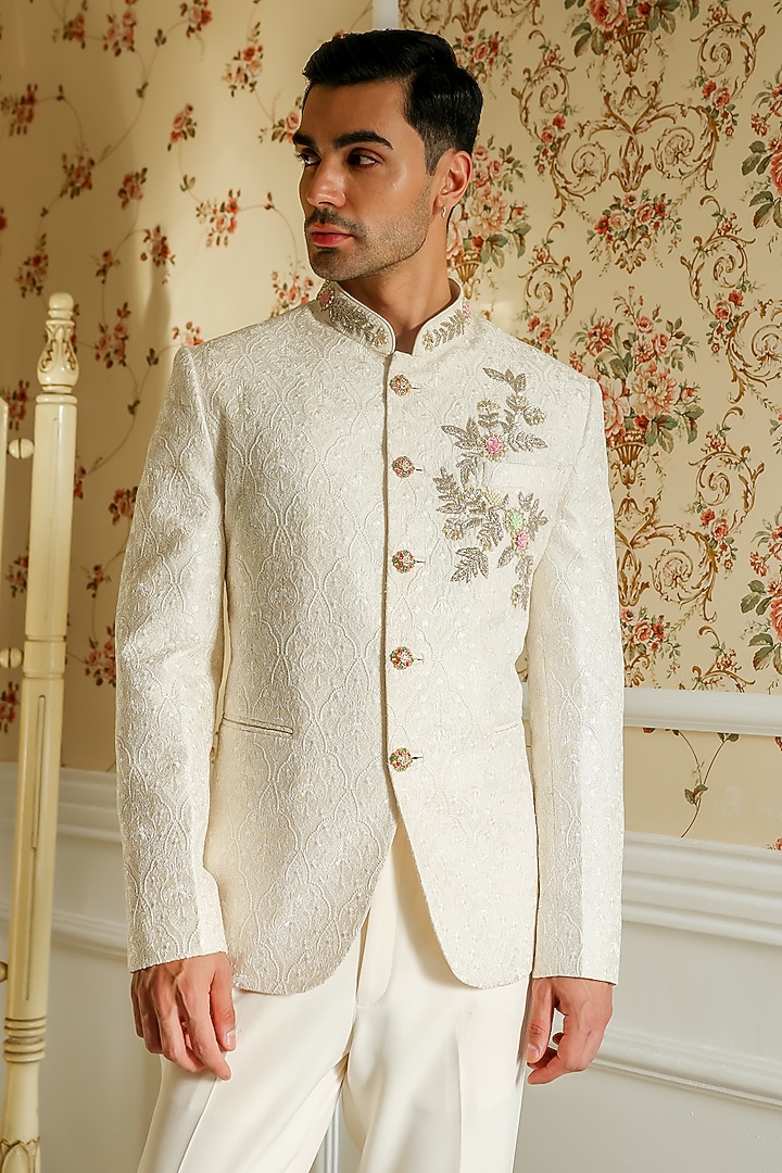 Powder White Chanderi Thread Embellished Wedding Bandhgala Set by Kushal's Men at Pernia's Pop Up Shop