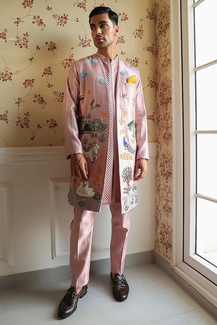 Peacock Pink Shimmer Silk Thread Embellished Indo-Western Set by Kushal's Men at Pernia's Pop Up Shop