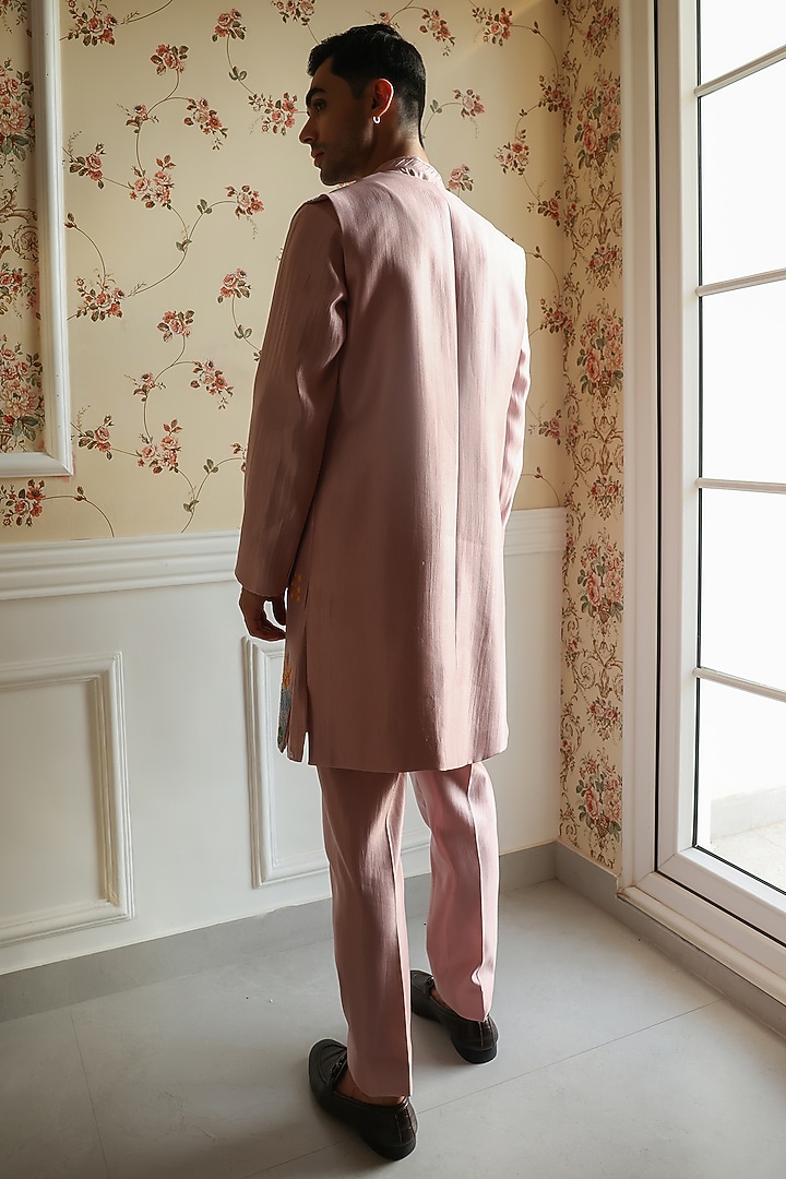 Peacock Pink Shimmer Silk Thread Embellished Indo-Western Set by Kushal's Men at Pernia's Pop Up Shop
