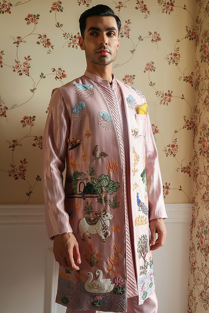 Peacock Pink Shimmer Silk Thread Embellished Indo-Western Set by Kushal's Men at Pernia's Pop Up Shop