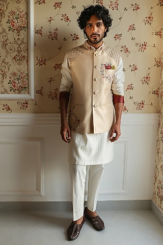 Cream Gold Shimmer Silk Thread Embellished Bundi Set by Kushal's Men