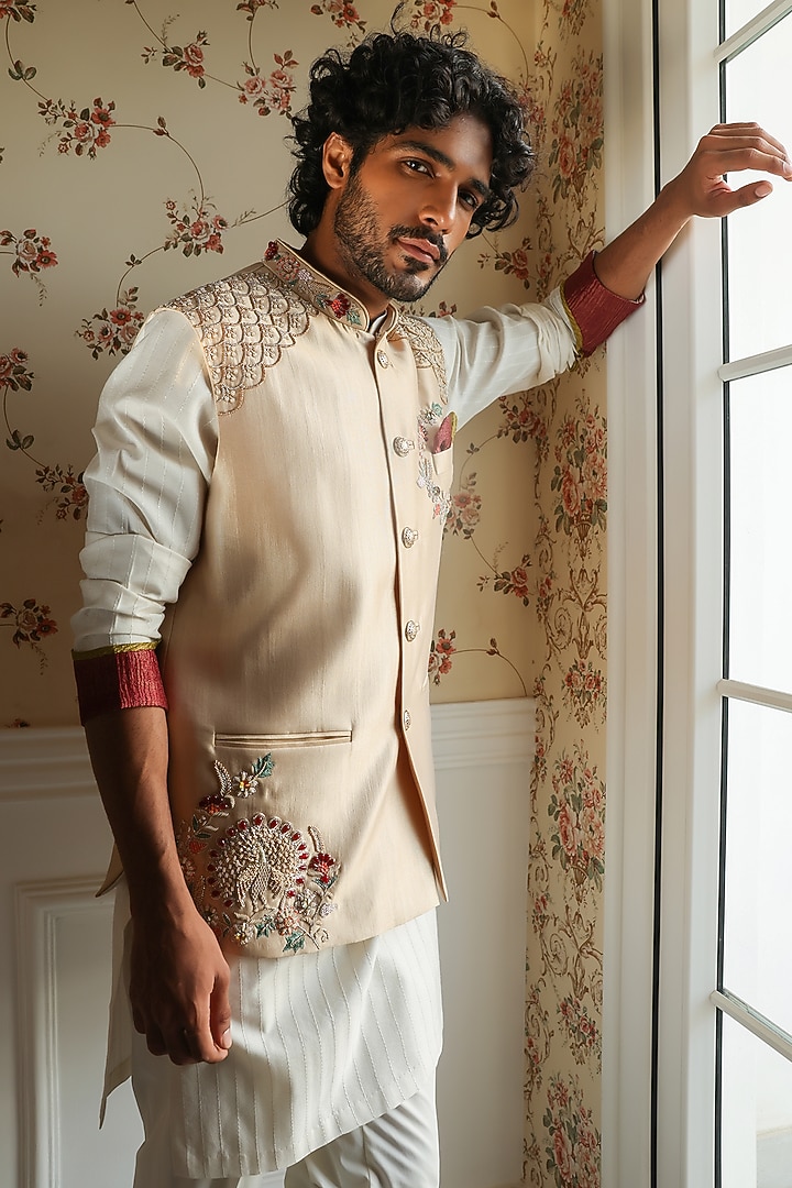 Cream Gold Shimmer Silk Thread Embellished Bundi Set by Kushal's Men at Pernia's Pop Up Shop