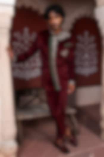 Maroon Fine Velvet Thread Embellished Wedding Bandhgala Set by Kushal's Men at Pernia's Pop Up Shop