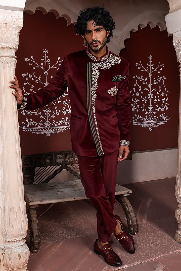 Maroon Fine Velvet Thread Embellished Wedding Bandhgala Set by Kushal's Men at Pernia's Pop Up Shop