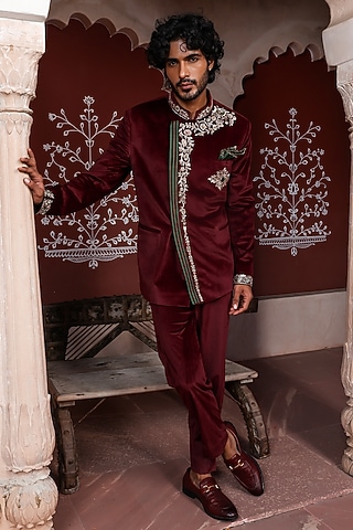 Maroon Fine Velvet Thread Embellished Bandhgala Set by Kushal's Men