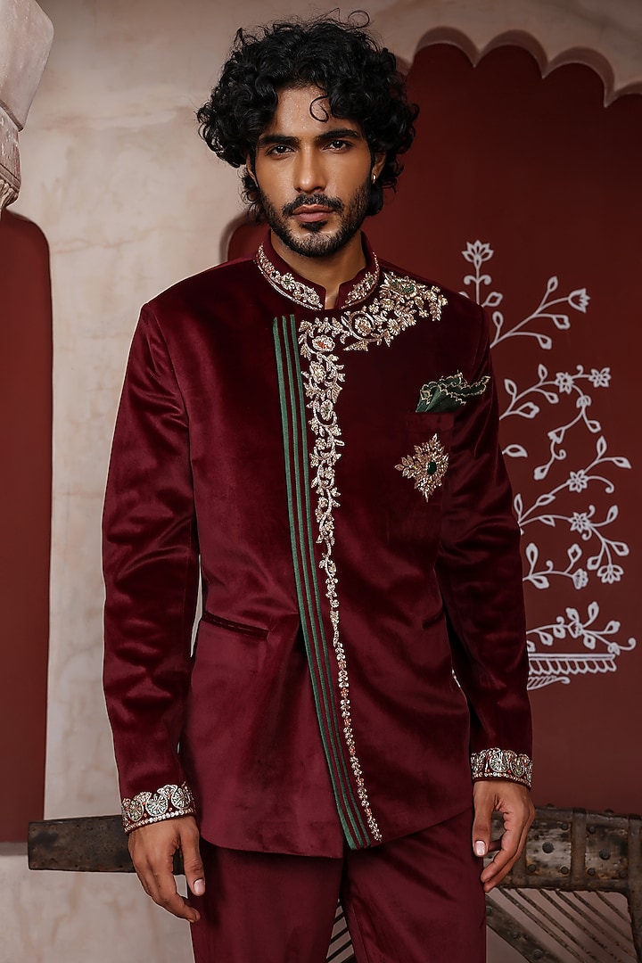 Maroon Fine Velvet Thread Embellished Wedding Bandhgala Set by Kushal's Men at Pernia's Pop Up Shop