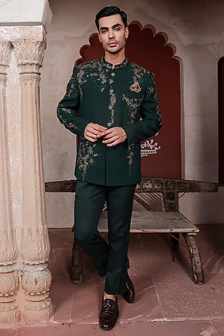 Hunter Green Lycra Jacquard Beads Embellished Bandhgala Set by Kushal's Men