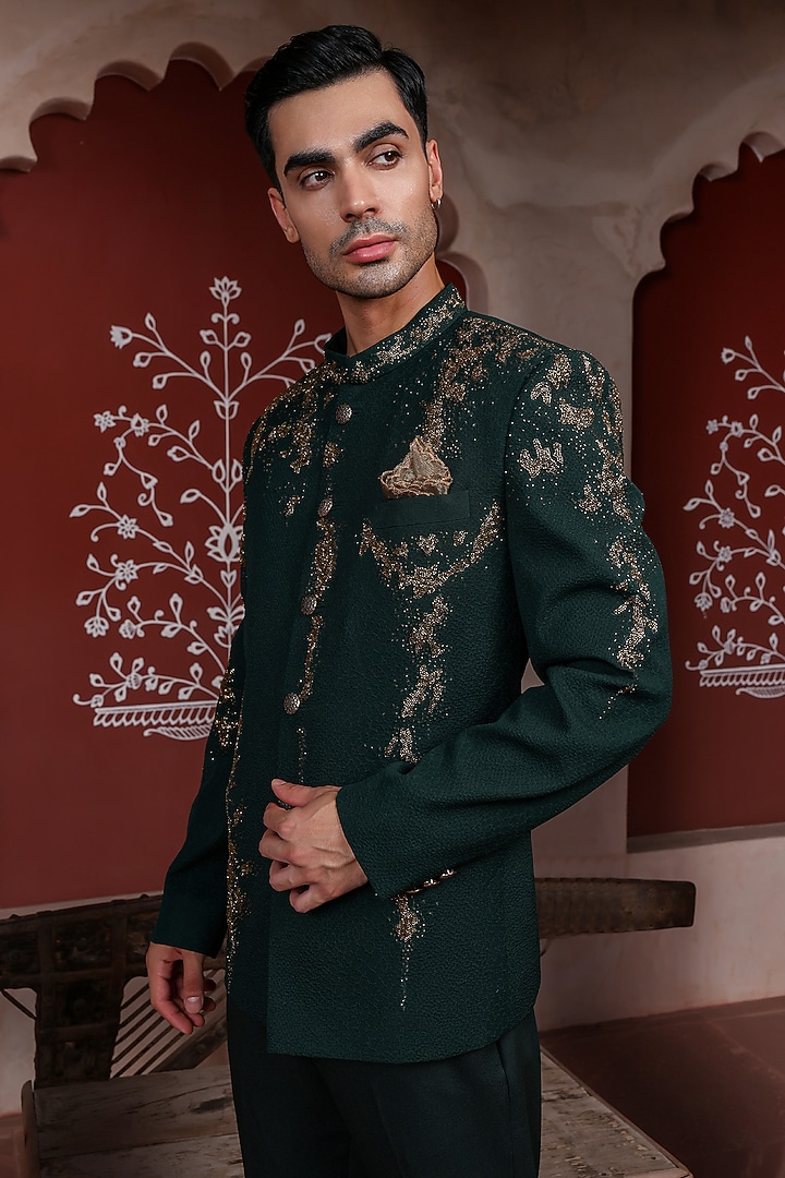 Hunter Green Lycra Jacquard Beads Embellished Wedding Bandhgala Set by Kushal's Men at Pernia's Pop Up Shop