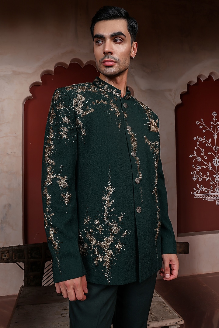 Hunter Green Lycra Jacquard Beads Embellished Wedding Bandhgala Set by Kushal's Men at Pernia's Pop Up Shop