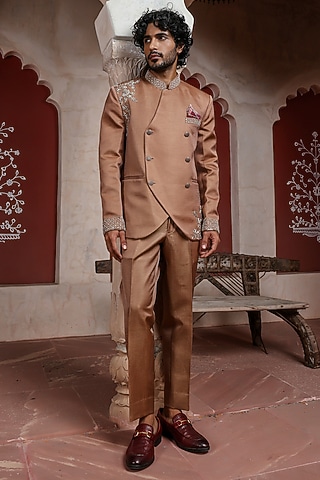 Sable Brown Zari Satin Beads Embellished Bandhgala Set by Kushal's Men