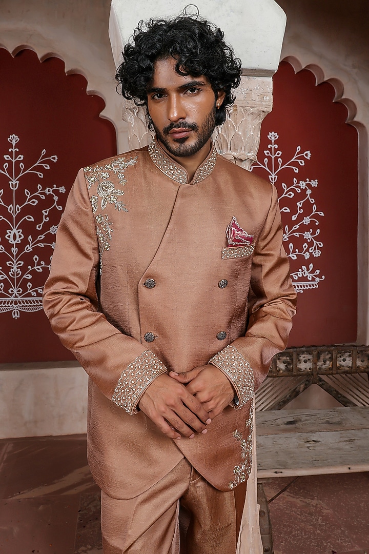 Sable Brown Zari Satin Beads Embellished Wedding Bandhgala Set by Kushal's Men at Pernia's Pop Up Shop